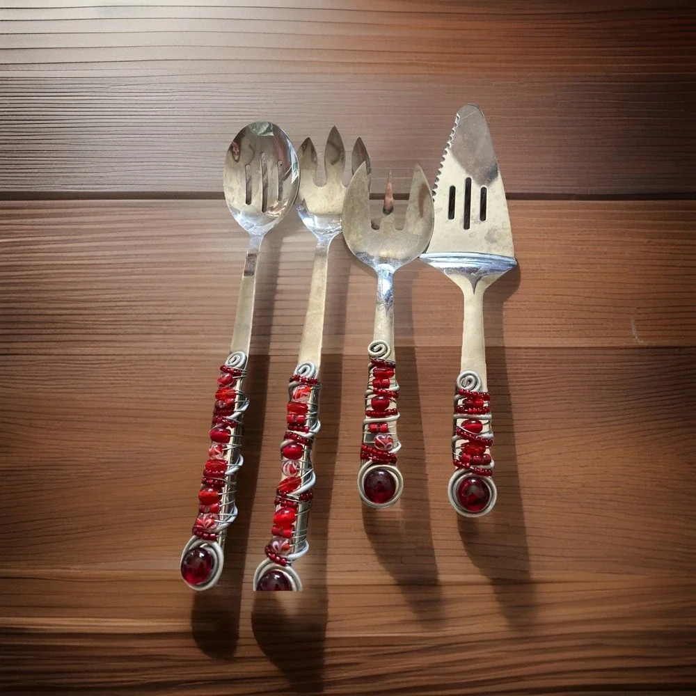 Beaded & Wire Wrapped Utensil Serving Set Red Stainless Steel‎ Set Of Four